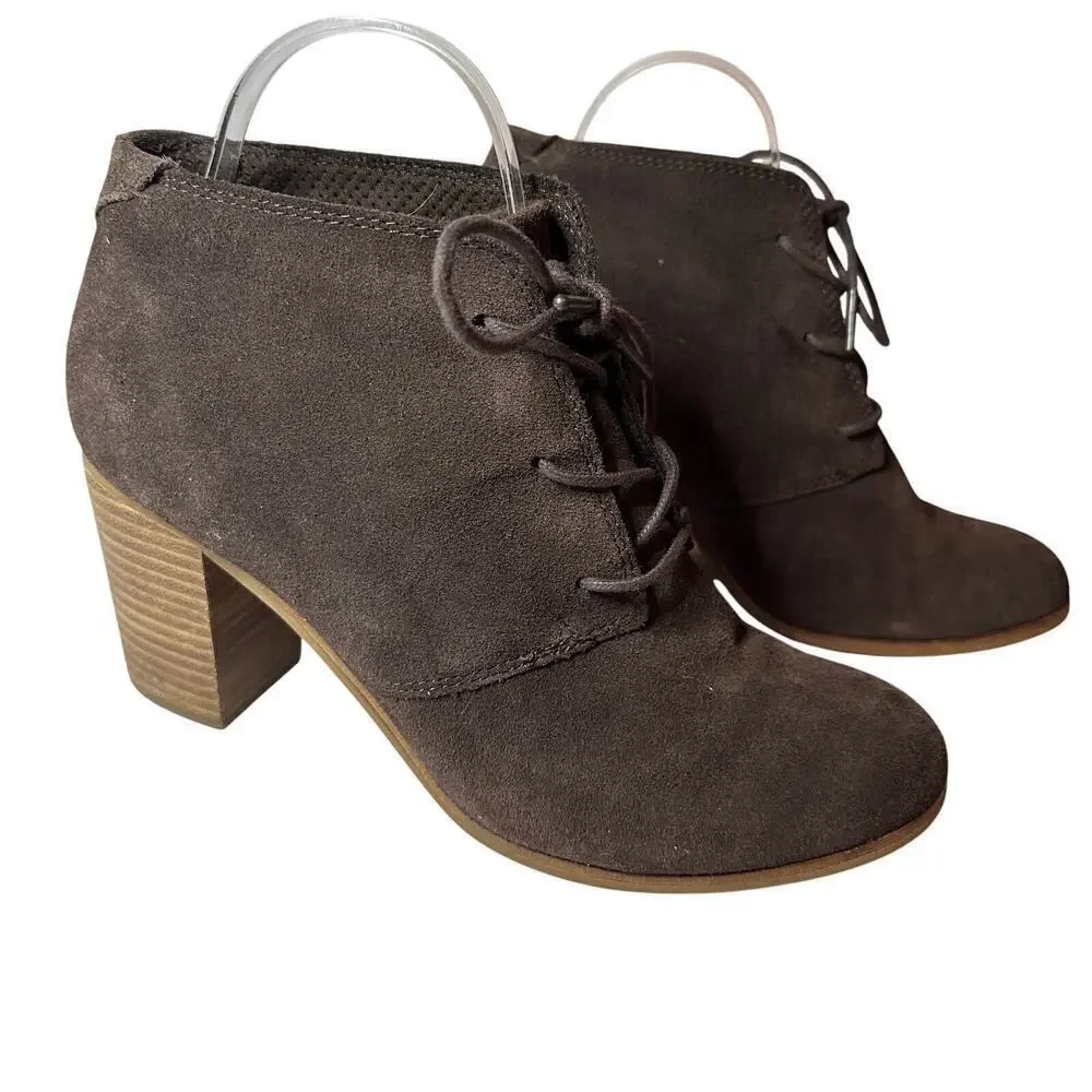 Toms Size 10 Women Brown Suede Quiet Luxury Lunata Block Heel Ankle Bootie Boot